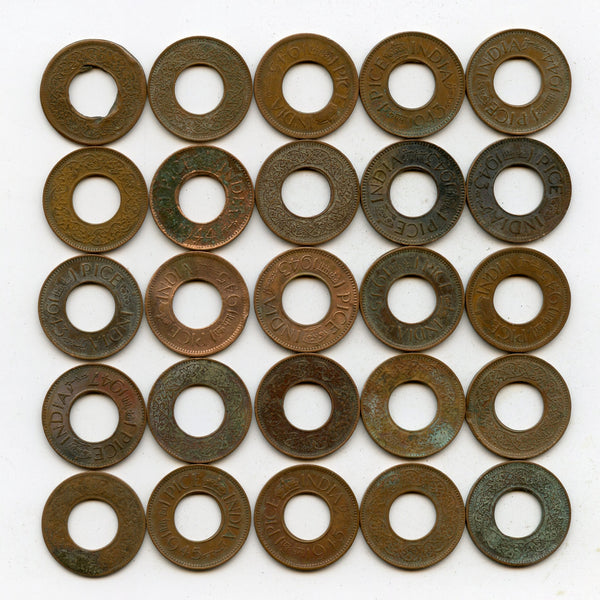 Lot of 25 bronze 1-pice coins of George VI, different dates (1943-47), India
