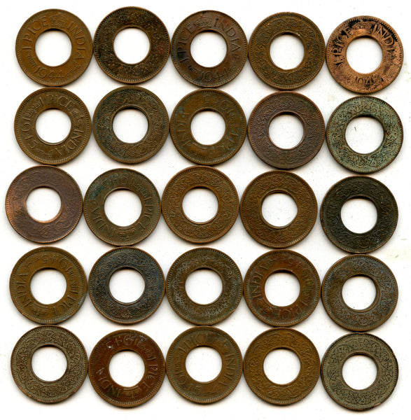 Lot of 25 bronze 1-pice coins of George VI, different dates (1943-47), India