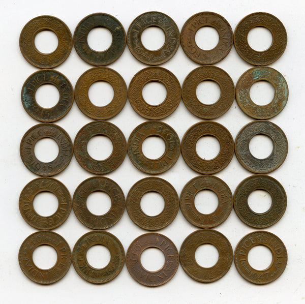 Lot of 25 bronze 1-pice coins of George VI, different dates (1943-47), India