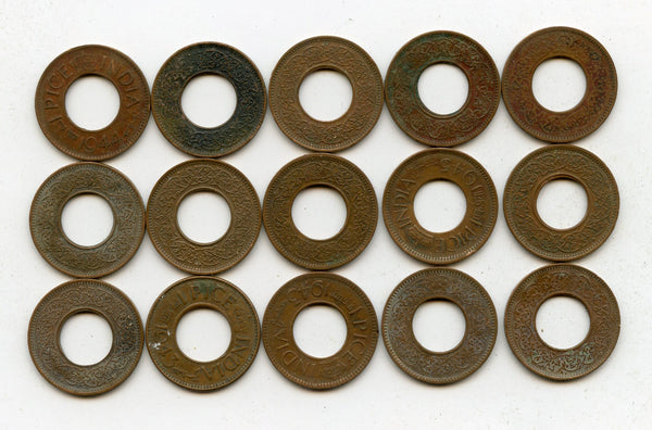 Lot of 15 bronze 1-pice coins of George VI, different dates (1943-47), India