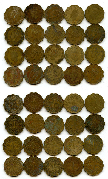 Lot of 20 brass 1-anna coins of George VI, different dates (1942-45), India
