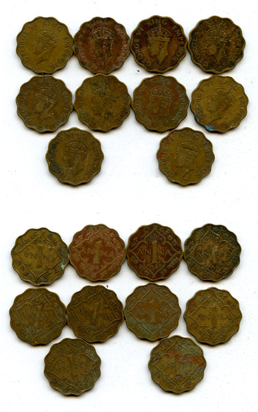 Lot of 10 brass 1-anna coins of George VI, different dates (1942-45), India