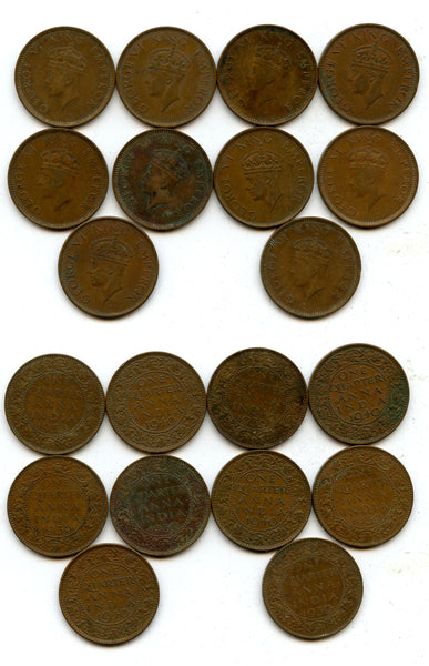 Lot of 10 bronze 1-anna coins of George VI, different dates (1938-42), India