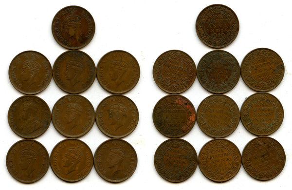 Lot of 10 bronze 1-anna coins of George VI, different dates (1938-42), India