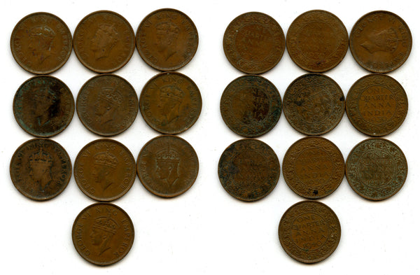 Lot of 10 bronze 1-anna coins of George VI, different dates (1938-42), India
