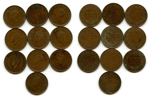 Lot of 10 bronze 1-anna coins of George VI, different dates (1938-42), India