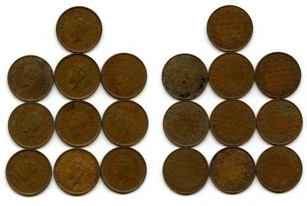Lot of 10 bronze 1-anna coins of George VI, different dates (1938-42), India