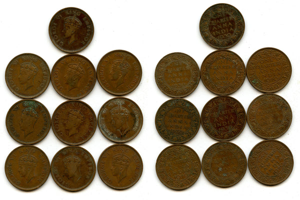 Lot of 10 bronze 1-anna coins of George VI, different dates (1938-42), India