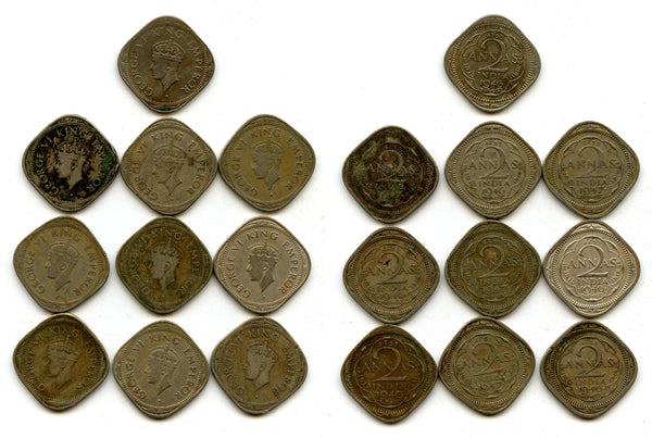 Lot of 10 copper-nickel 2-anna coins of George VI, different dates (1938-47), India