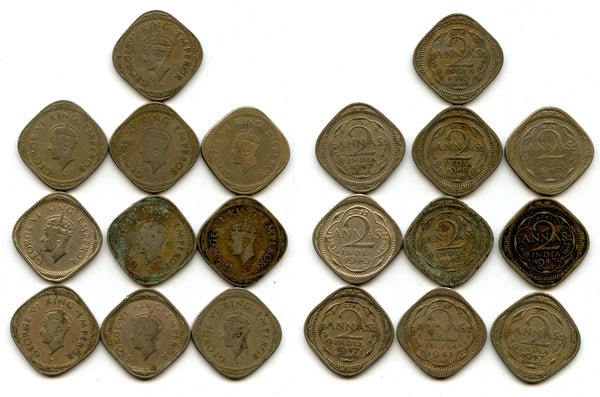 Lot of 10 copper-nickel 2-anna coins of George VI, different dates (1938-47), India