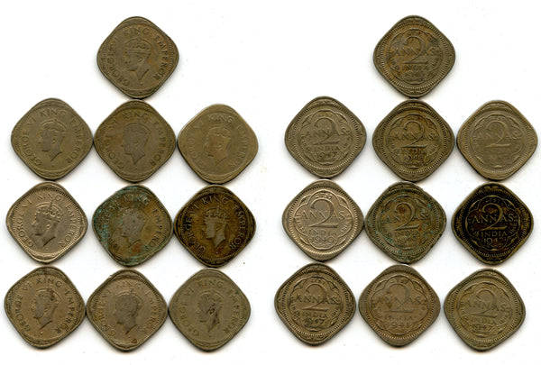 Lot of 10 copper-nickel 2-anna coins of George VI, different dates (1938-47), India