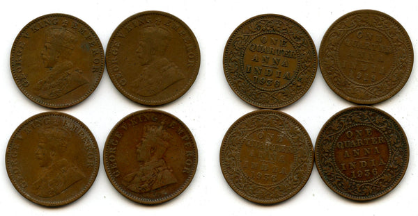 Lot of 4 bronze 1/4-anna coins of George V (1910-1936), different dates, India