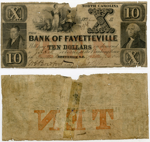 Obsolete banknotes - 10 dollars, 1864, Bank of Fayetteville, NC, Civil War CSA issue