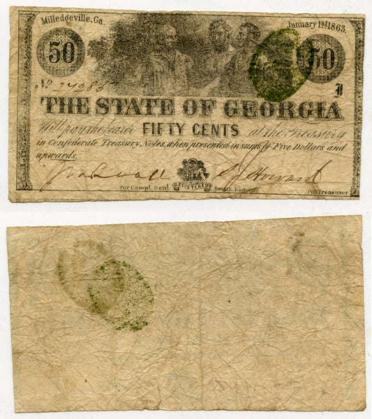 Obsolete banknotes - 50 cents, 1863, Milledgeville, Georgia, Civil War CSA issue
