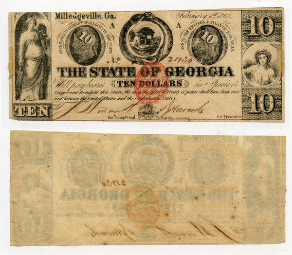 Obsolete banknote - 10 dollars, 1863, Milledgeville, Georgia, Civil War CSA issue