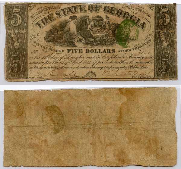 Obsolete banknotes - 5 dollars, 1863, Milledgeville, Georgia, Civil War CSA issue