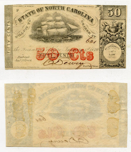 Obsolete banknotes - 50 cents, 1870, State of North Carolina, USA issue