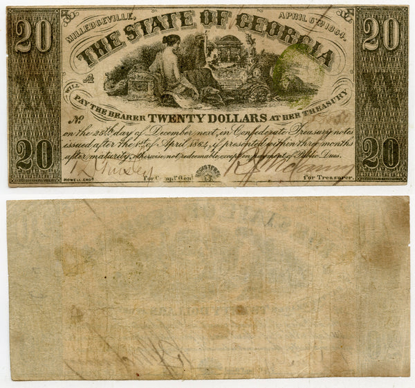 Obsolete banknotes - 20 dollars, 1863, Milledgeville, Georgia, Civil War CSA issue