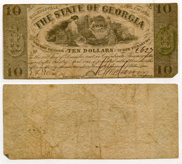 Obsolete banknote - 10 dollars, 1864, Milledgeville, Georgia, Civil War CSA issue