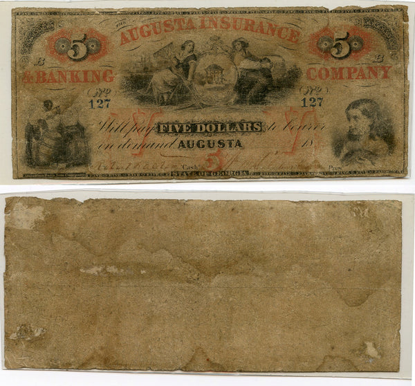 Obsolete banknote - 5 dollars, 1864, Augusta Insurance Banking Company, CSA