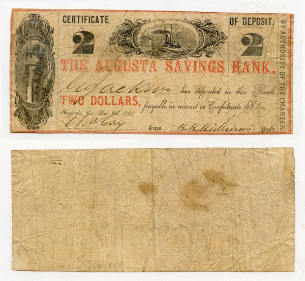 Obsolete banknote - 2 dollars, 1861, Augusta Savings Bank, CSA