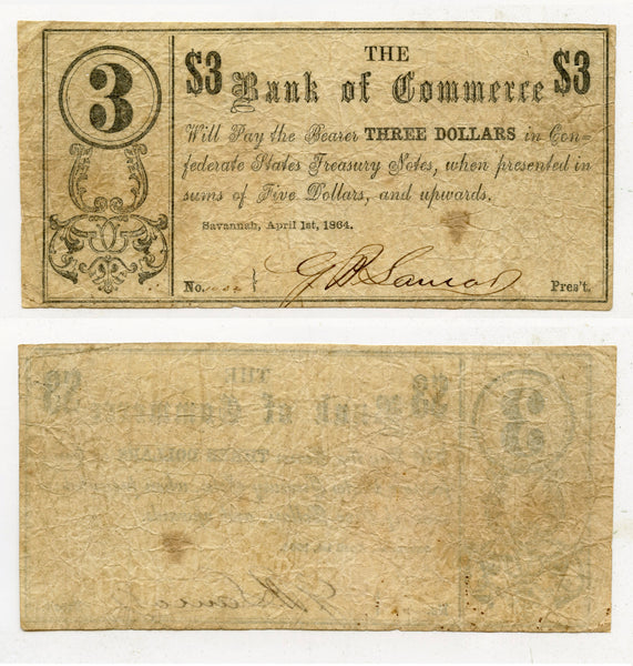 Obsolete banknote - 3 dollars, 1864, Bank of Commerce, Savannah, GA, CSA