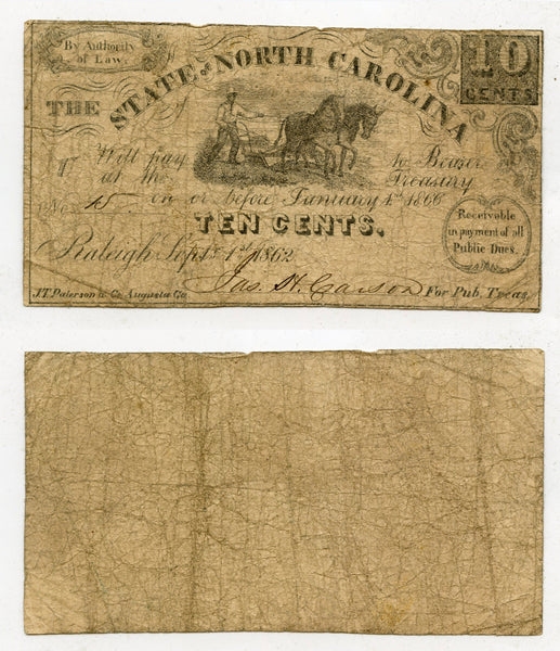 Obsolete banknote - 10 cents, 1862, State of North Carolina, Civil War CSA