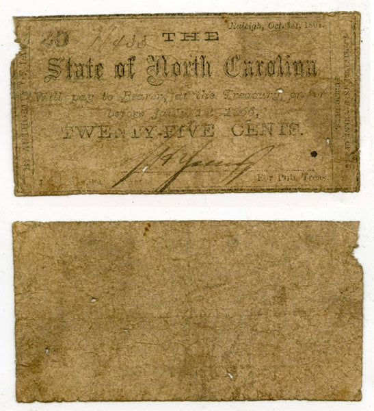 Obsolete banknote - 25 cents, 1861, State of North Carolina, Civil War CSA