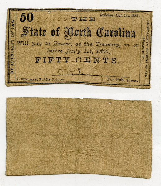 Obsolete banknote - 50 cents, 1861, State of North Carolina, Civil War CSA