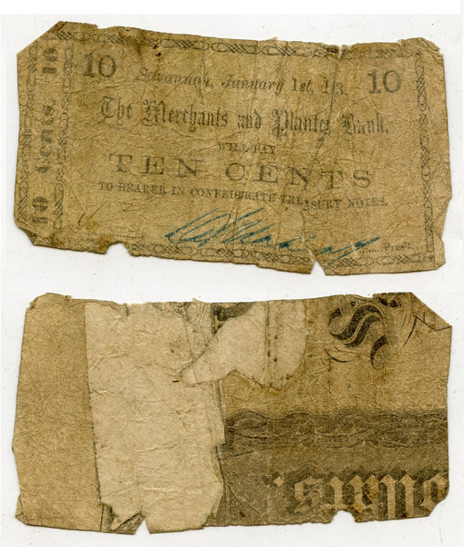 Obsolete banknote - 10 cents, 1863, The Merchants and Planters Bank, Civil War CSA
