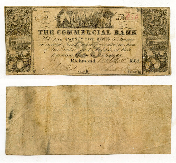Obsolete banknote - 25 cents, 1862, The Commercial Bank, VA, Civil War, CSA