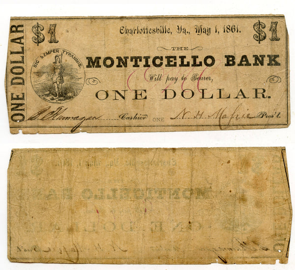 Obsolete banknote - 1-dollar, 1861, Monticallo Bank, VA, Civil War CSA issue