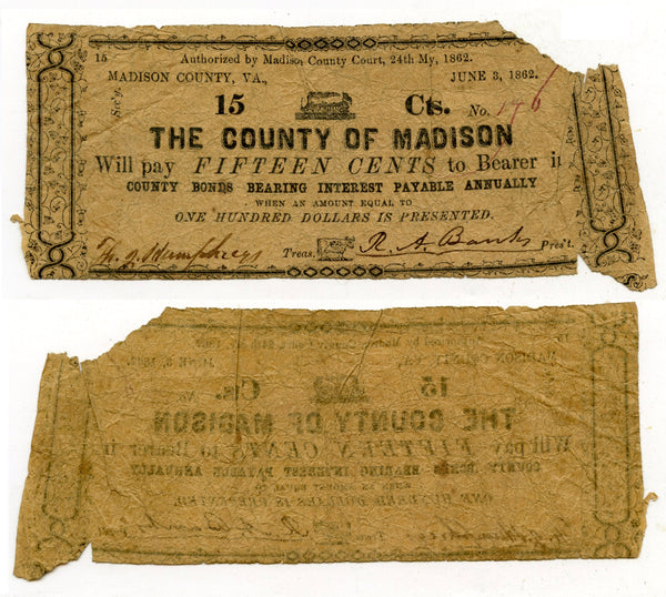 Obsolete banknote - 15 cents, 1862, Madison County, VA, Civil War CSA issue