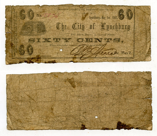Obsolete banknote - 60 cents, 1862, Lynchburg, VA, Civil War CSA issue