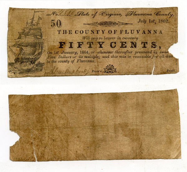 Obsolete banknote - 50 cents, 1862, Fluvana County, VA, Civil War CSA issue