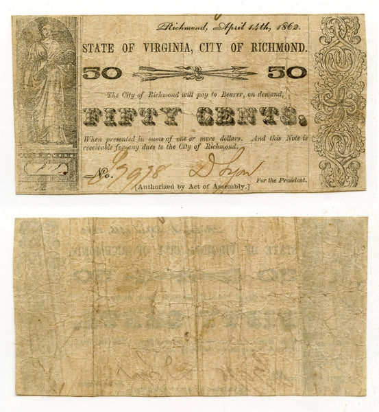 Obsolete banknote - 50 cents, 1862, Richmond, VA, Civil War CSA issue