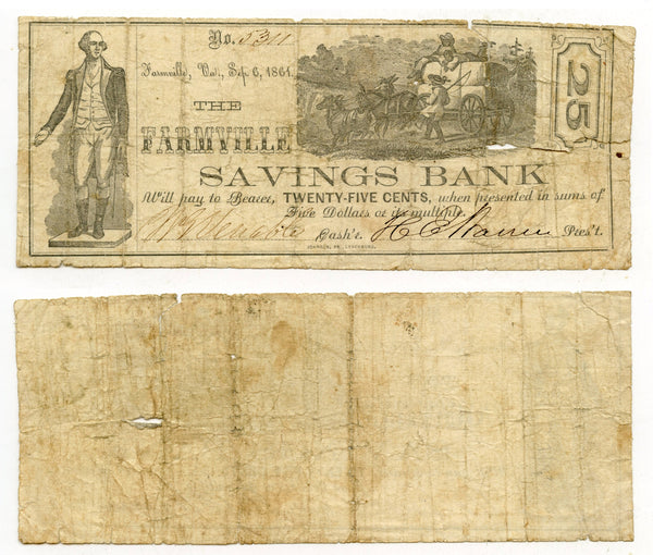 Obsolete banknote - 25-cents, 1861, Farmville Savings Bank, VA, Civil War CSA issue