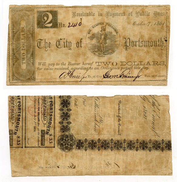 Obsolete banknote - 2-dollars, 1861, Portsmouth, VA, Civil War CSA issue
