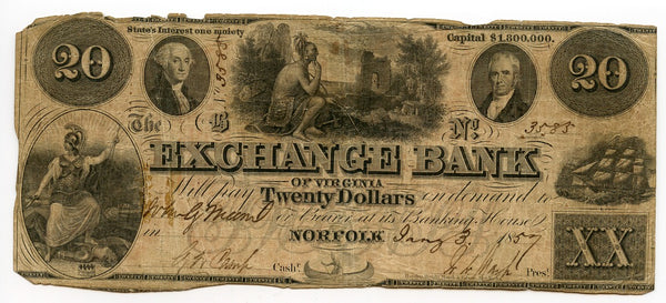 Obsolete banknote - 20-dollars, 1857, The Exchange Bank of Virginia