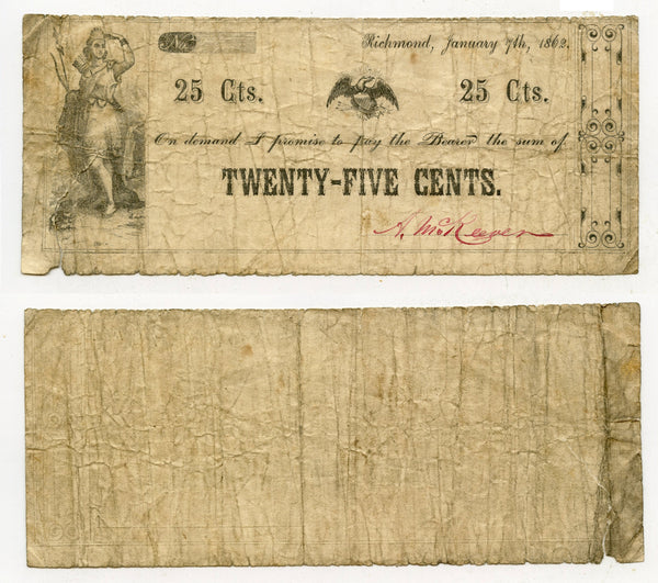 Obsolete banknote - 25-cents, 1862, Richmond, VA, Civil War CSA issue