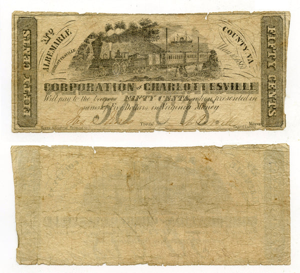 Obsolete banknote - 50-cents, 1861, Charlottesville, VA, Civil War CSA issue