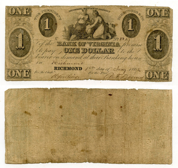 Obsolete banknote - 1-dollar, 1862, Bank of Virginia, Civil War CSA issue