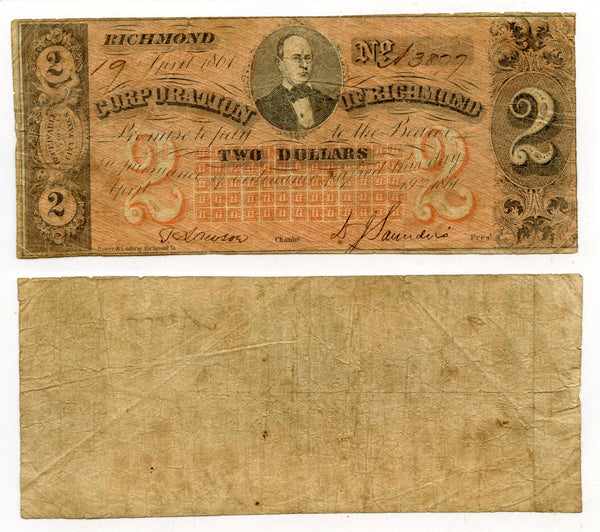 Obsolete banknote - 2-dollars, 1861, Corporation of Richmond, Civil War CSA issue