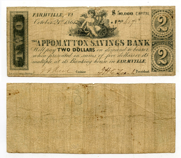 Obsolete banknote - 2-dollars, 1861, Appomattox Savings Bank, VA, Civil War CSA issue