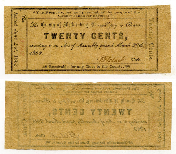 Obsolete banknote - 20-cents, Mecklenburg, VA, 1862, Civil War CSA issue