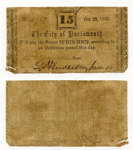 Obsolete banknote - 15-cents, 1862, Portsmouth, VA, Civil War CSA issue