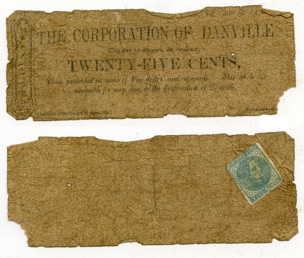 Obsolete banknote - 25-cents w/CSA postage stamp, Daville, 1862, Civil War