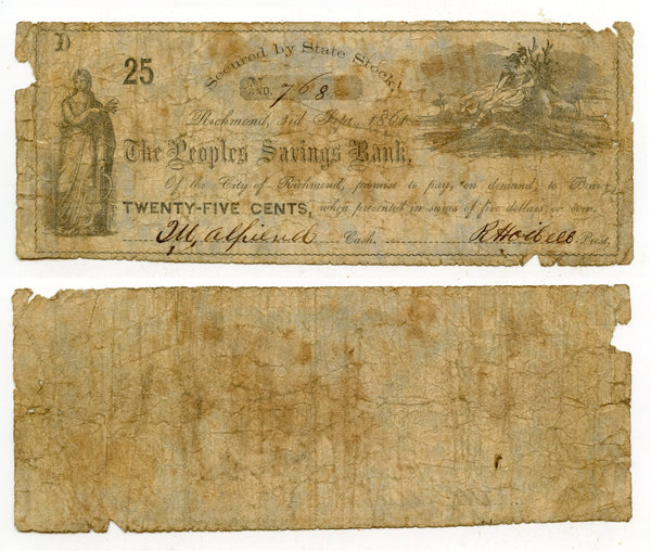 Obsolete banknote - 25-cents, People's Savings Bank, VA, 1861, Civil War