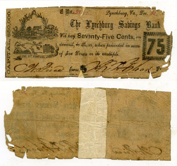Obsolete banknote - 75-cents, Lynchburg Savings Bank, VA, 1861, Civil War CSA