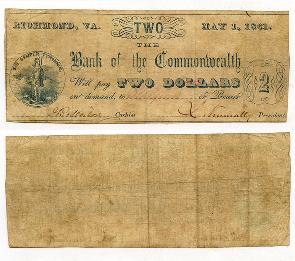 Obsolete banknote - 2-dollars, Commonwealth Bank, VA, 1862, Civil War CSA